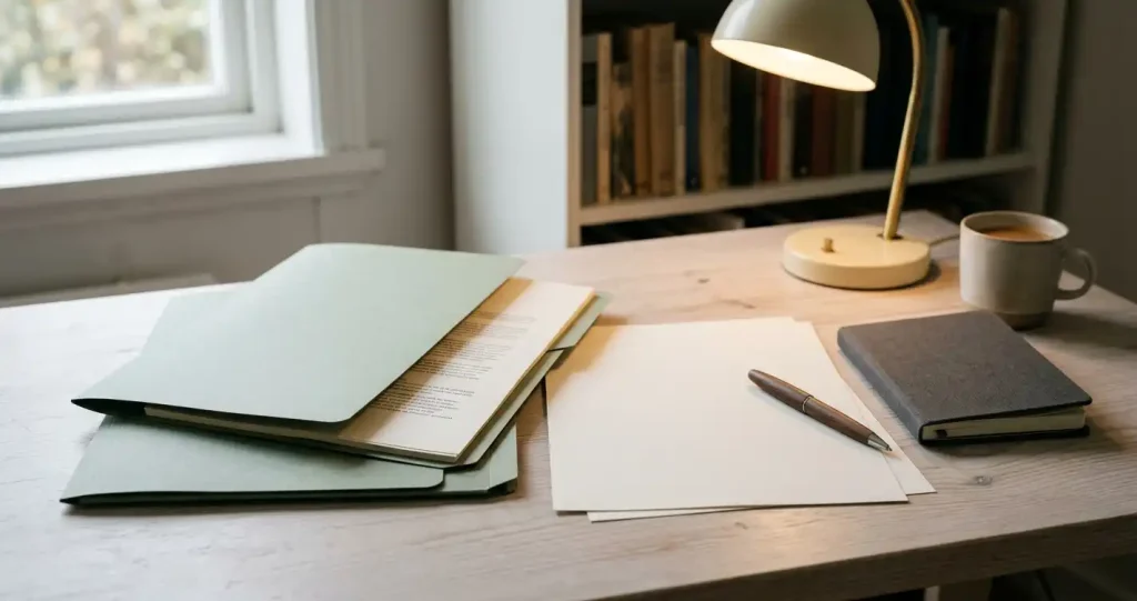 Öppna neutrala handlingar och en skrivbordslampa på ett ljust arbetsbord
