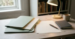 Öppna neutrala handlingar och en skrivbordslampa på ett ljust arbetsbord