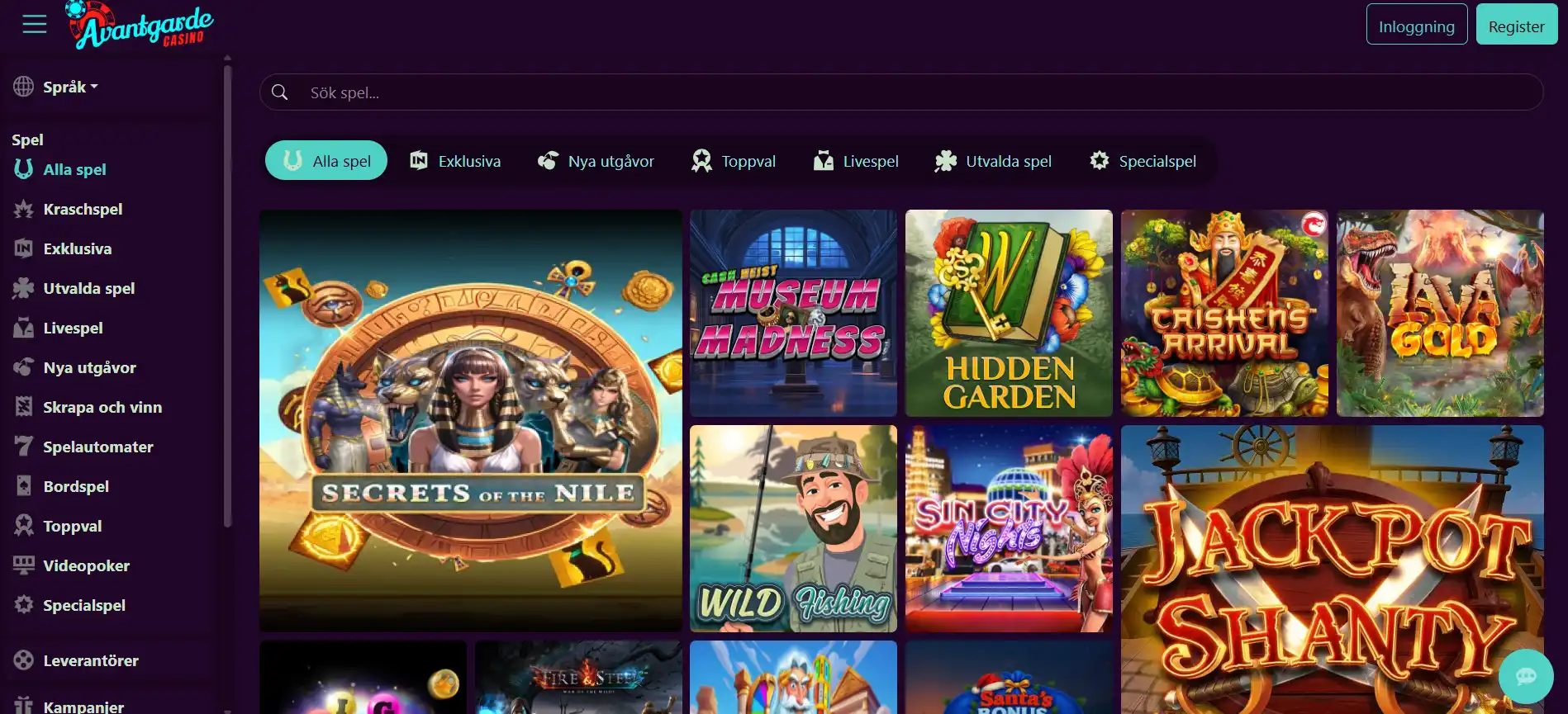 Skärmbild av Avantgarde Casinos webbplats med sidhuvud och navigering